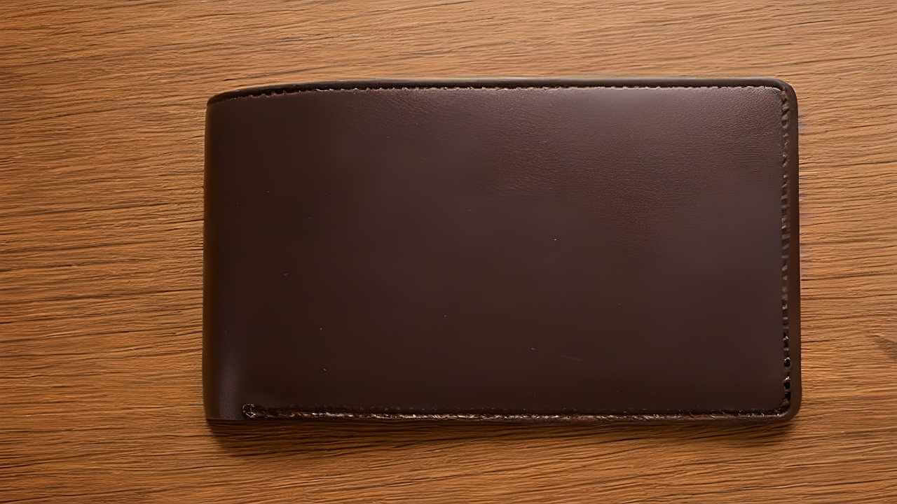 dark brown wallet on a desk top