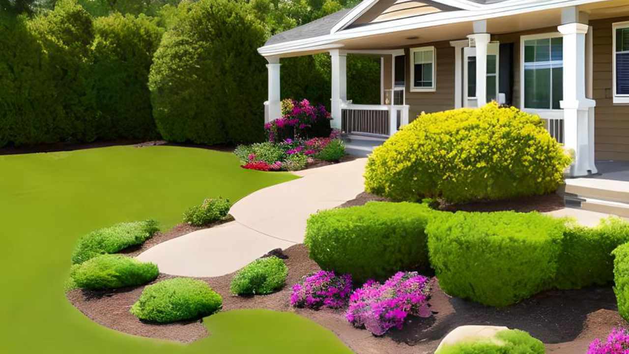 mobile home with beautiful landscaping and a real estate sign in front yard