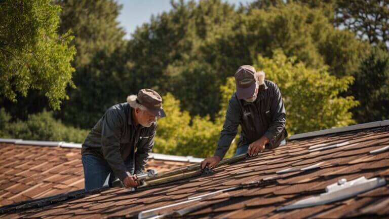 homeowner or professional inspecting the roof of a manufactured home